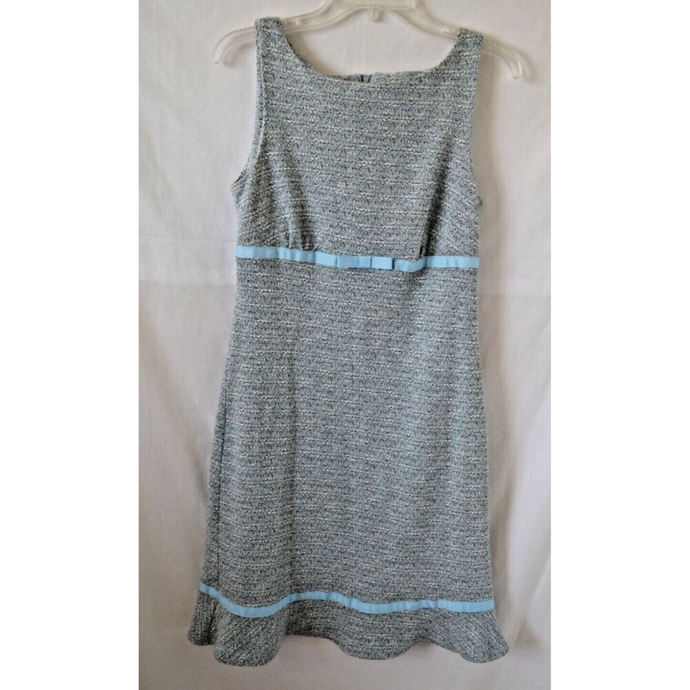 VTG  My Michelle Dress Mod Blue Boucle Knit Empire waist Ribbon 11/12 Ruffle Hem